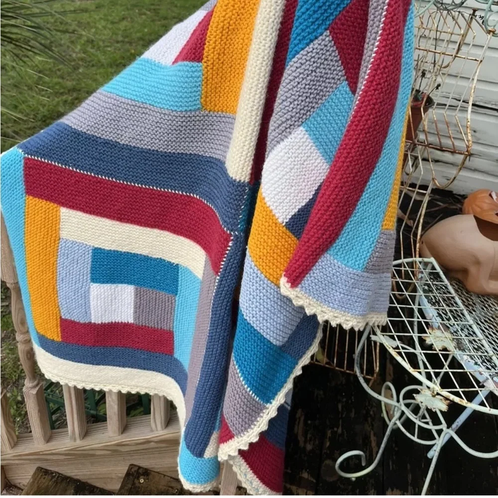 Log Cabin Stripe Afghan Throw Blanket 44” X 66” Knit Crochet Handmade Vintage